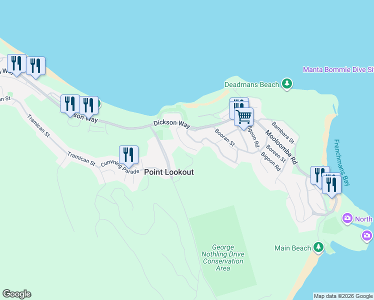 map of restaurants, bars, coffee shops, grocery stores, and more near 26 Billa Street in Point Lookout