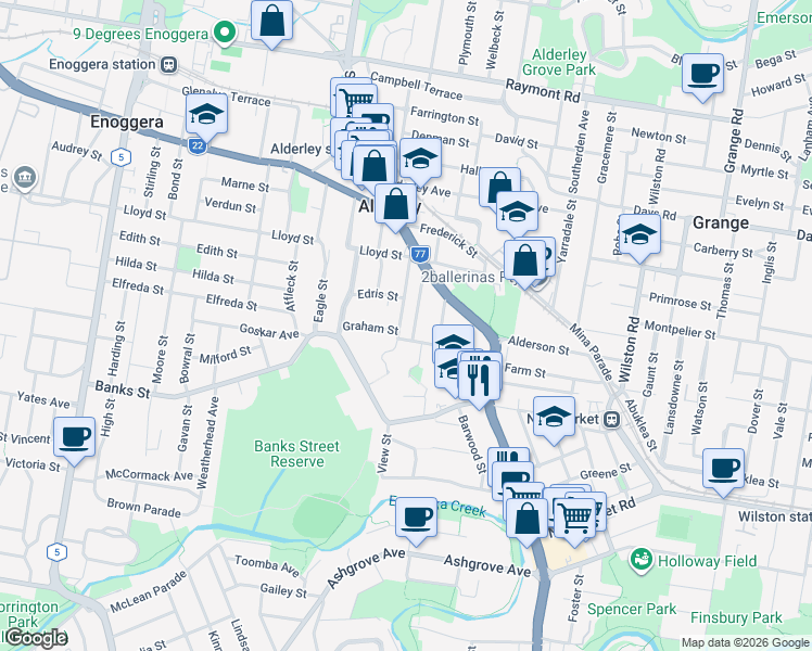 map of restaurants, bars, coffee shops, grocery stores, and more near 44 Huxley Avenue in Alderley