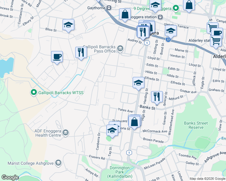 map of restaurants, bars, coffee shops, grocery stores, and more near 34 Mittagong Street in Enoggera