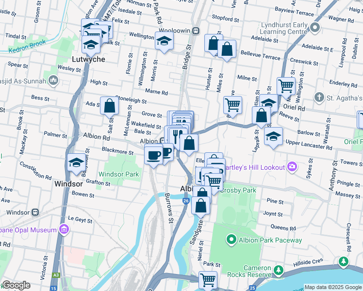 map of restaurants, bars, coffee shops, grocery stores, and more near 299 Sandgate Road in Albion