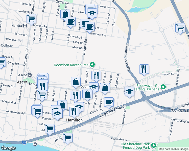map of restaurants, bars, coffee shops, grocery stores, and more near 29 Hopetoun Street in Ascot