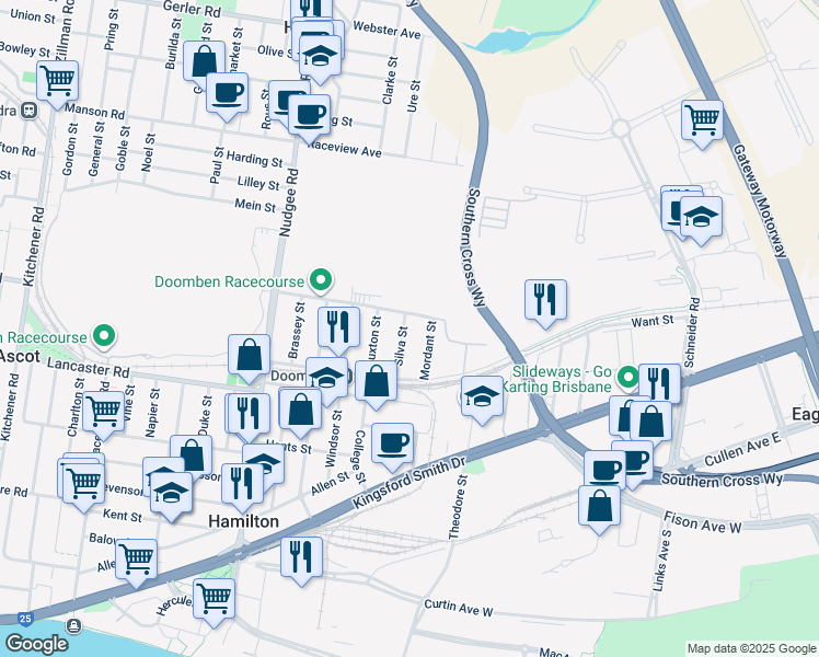 map of restaurants, bars, coffee shops, grocery stores, and more near 35 Silva Street in Ascot