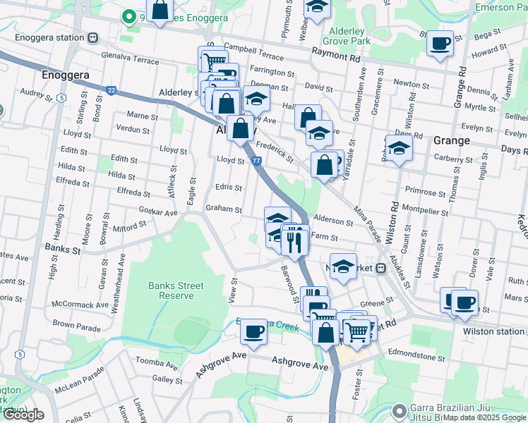 map of restaurants, bars, coffee shops, grocery stores, and more near 27 Trackson Street in Alderley