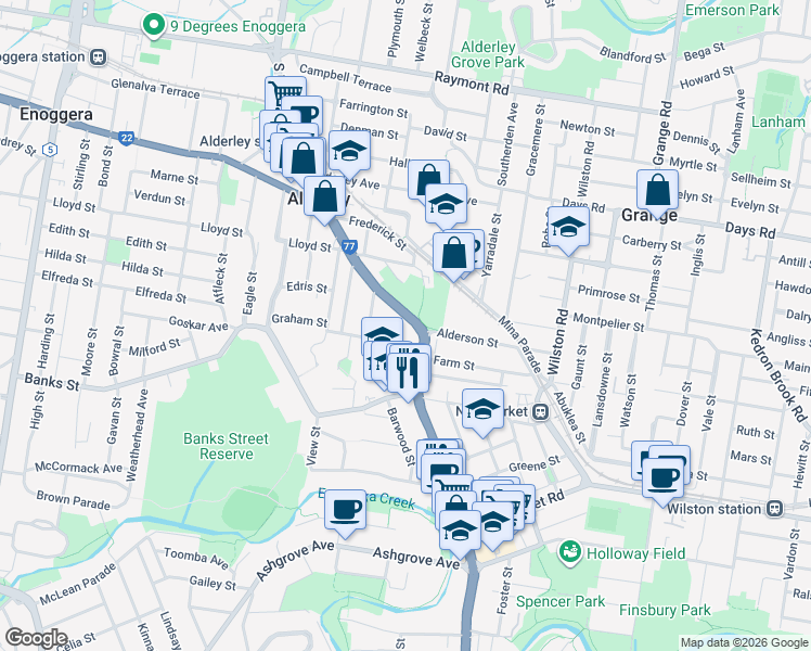 map of restaurants, bars, coffee shops, grocery stores, and more near 382 Enoggera Road in Alderley
