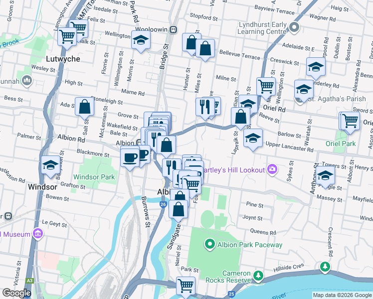 map of restaurants, bars, coffee shops, grocery stores, and more near 15 Little Street in Albion