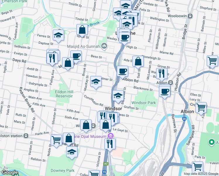 map of restaurants, bars, coffee shops, grocery stores, and more near 8 Thorne Street in Windsor