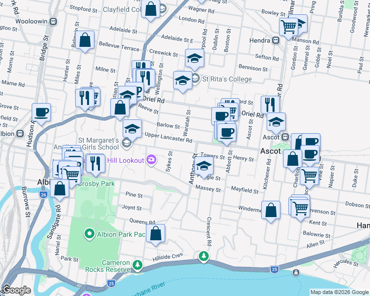 map of restaurants, bars, coffee shops, grocery stores, and more near 72 Towers Street in Ascot