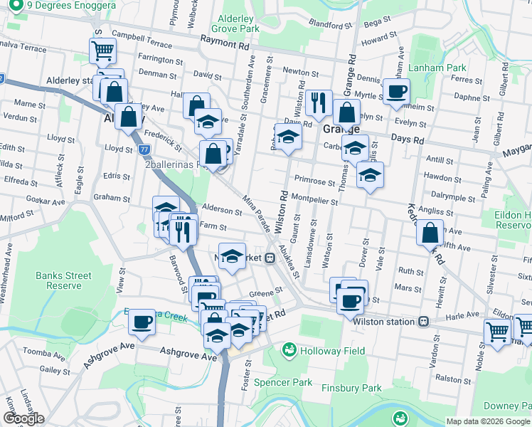 map of restaurants, bars, coffee shops, grocery stores, and more near 15 Alderson Street in Newmarket