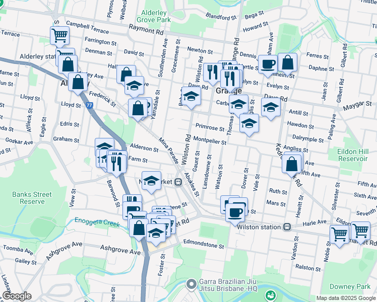 map of restaurants, bars, coffee shops, grocery stores, and more near 117 Wilston Road in Newmarket