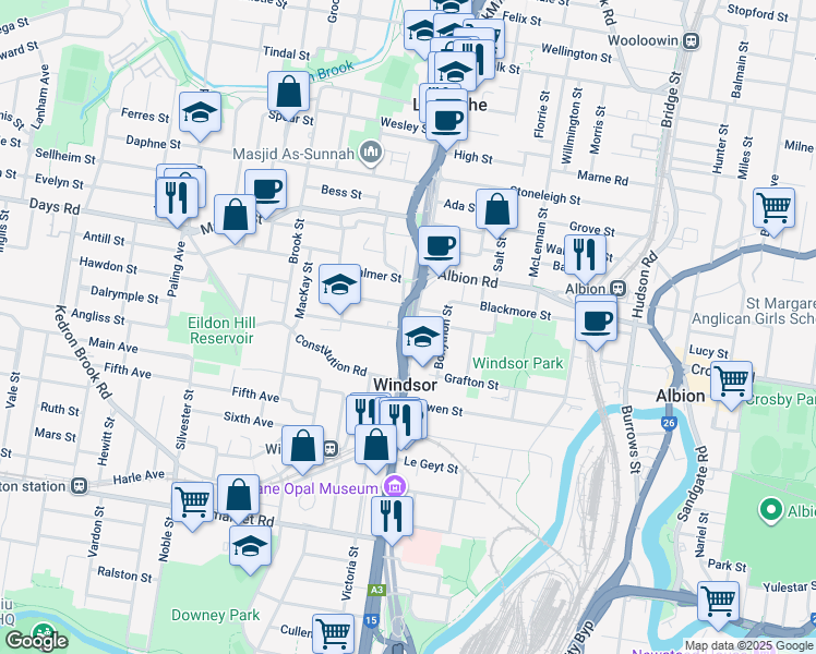 map of restaurants, bars, coffee shops, grocery stores, and more near 34 Roblane Street in Windsor