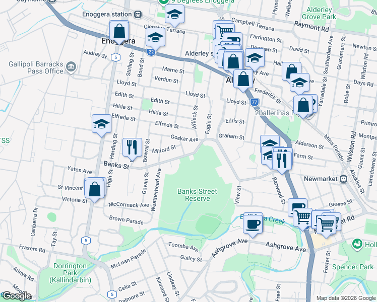 map of restaurants, bars, coffee shops, grocery stores, and more near 179 Banks Street in Alderley