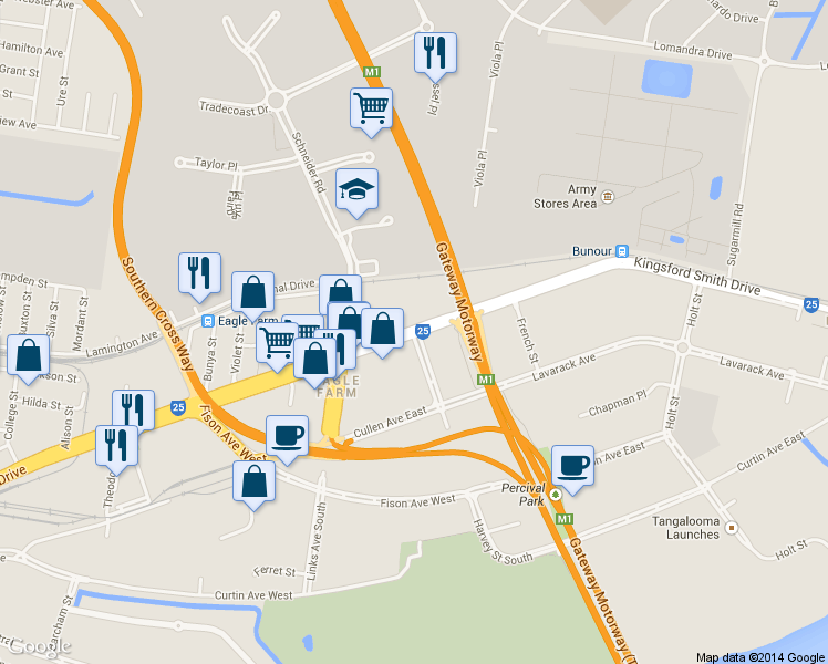 map of restaurants, bars, coffee shops, grocery stores, and more near 931 Kingsford Smith Drive in Eagle Farm