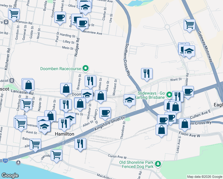 map of restaurants, bars, coffee shops, grocery stores, and more near 12 Mordant Street in Ascot