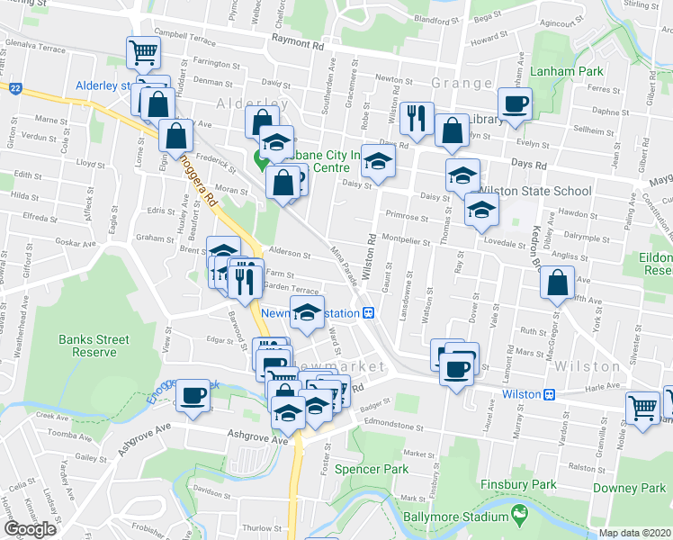 map of restaurants, bars, coffee shops, grocery stores, and more near 22 Murrell Street in Newmarket