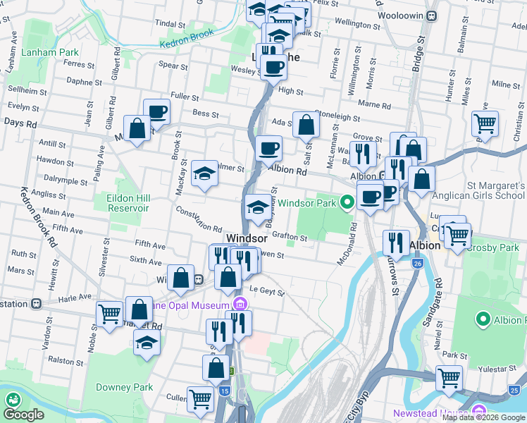 map of restaurants, bars, coffee shops, grocery stores, and more near 22 Bonython Street in Windsor