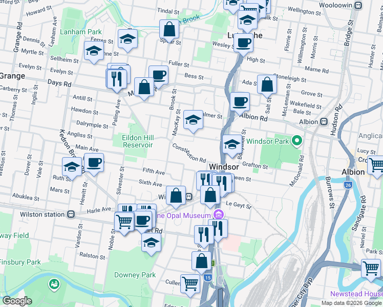 map of restaurants, bars, coffee shops, grocery stores, and more near 51 Constitution Road in Windsor