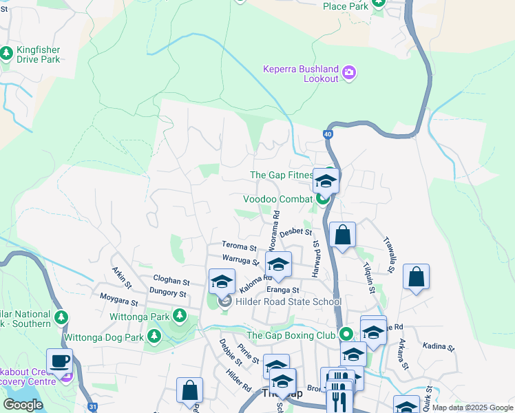 map of restaurants, bars, coffee shops, grocery stores, and more near 16 Inwood Place in Brisbane