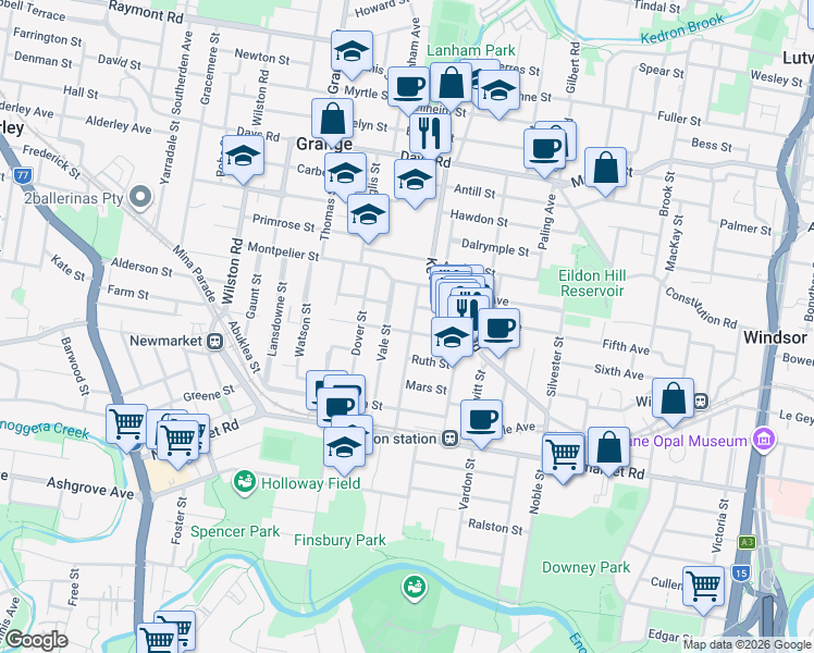map of restaurants, bars, coffee shops, grocery stores, and more near 70 Lamont Road in Wilston