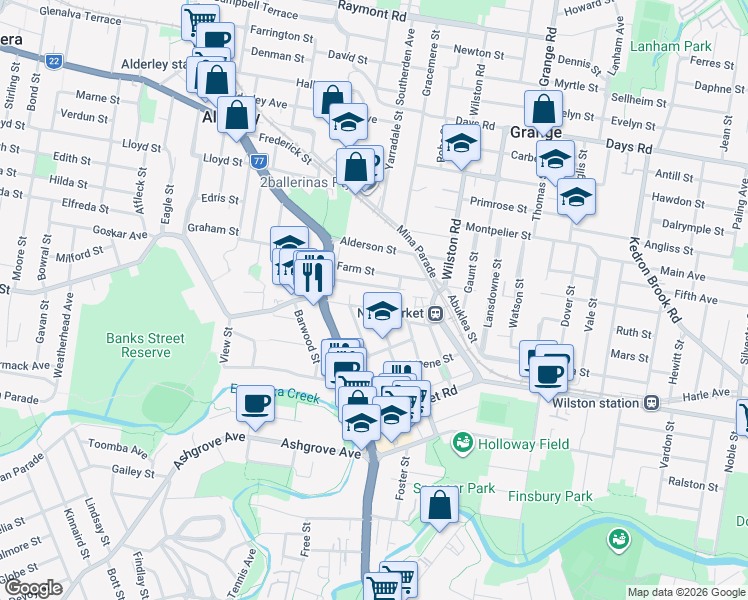 map of restaurants, bars, coffee shops, grocery stores, and more near 57 Erneton Street in Newmarket