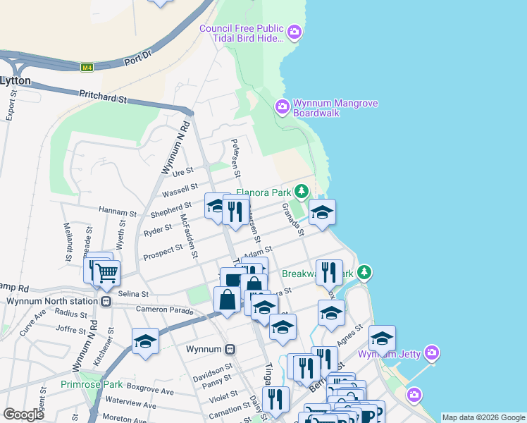 map of restaurants, bars, coffee shops, grocery stores, and more near 41 Prospect Street in Wynnum