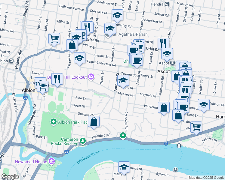 map of restaurants, bars, coffee shops, grocery stores, and more near 51 Massey Street in Ascot