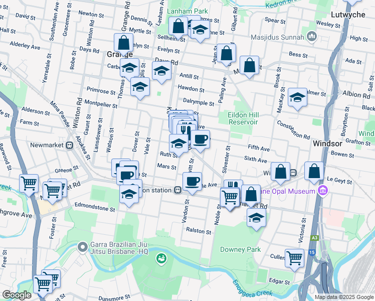 map of restaurants, bars, coffee shops, grocery stores, and more near 70 Kedron Brook Road in Wilston