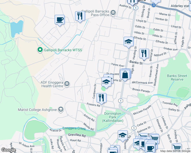 map of restaurants, bars, coffee shops, grocery stores, and more near 5 Givelda Street in Ashgrove