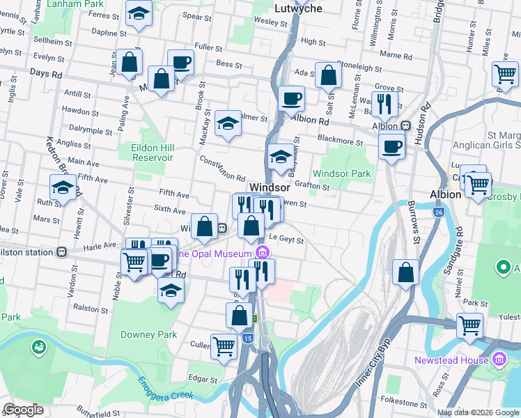 map of restaurants, bars, coffee shops, grocery stores, and more near 240 Lutwyche Road in Windsor