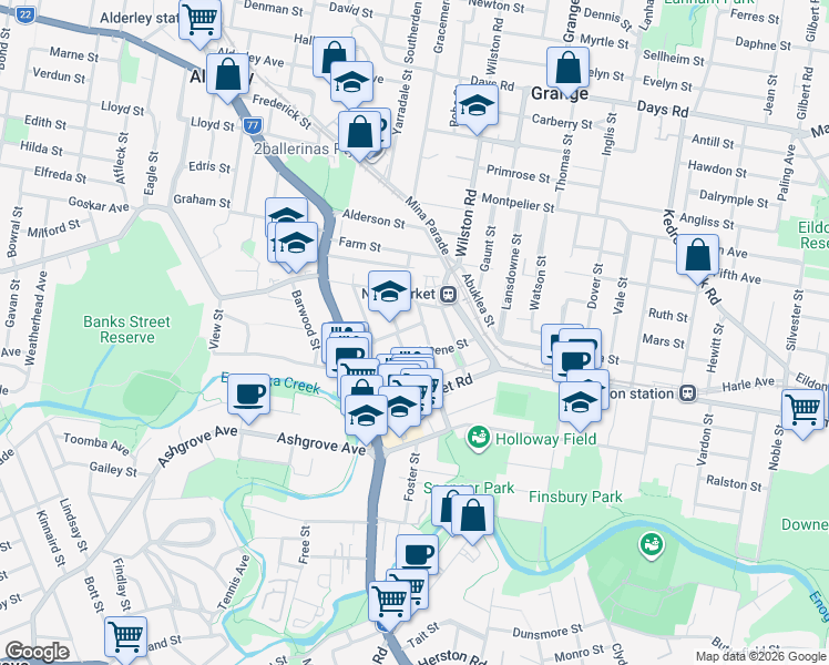 map of restaurants, bars, coffee shops, grocery stores, and more near 51 Wickham Street in Newmarket
