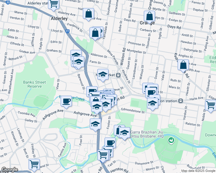 map of restaurants, bars, coffee shops, grocery stores, and more near 45 Wickham Street in Newmarket