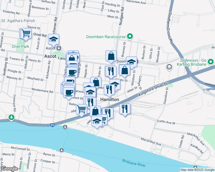 map of restaurants, bars, coffee shops, grocery stores, and more near 96 Dobson Street in Ascot
