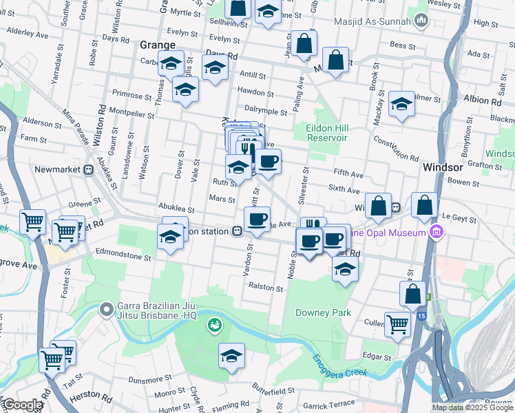map of restaurants, bars, coffee shops, grocery stores, and more near 21 Hewitt Street in Wilston