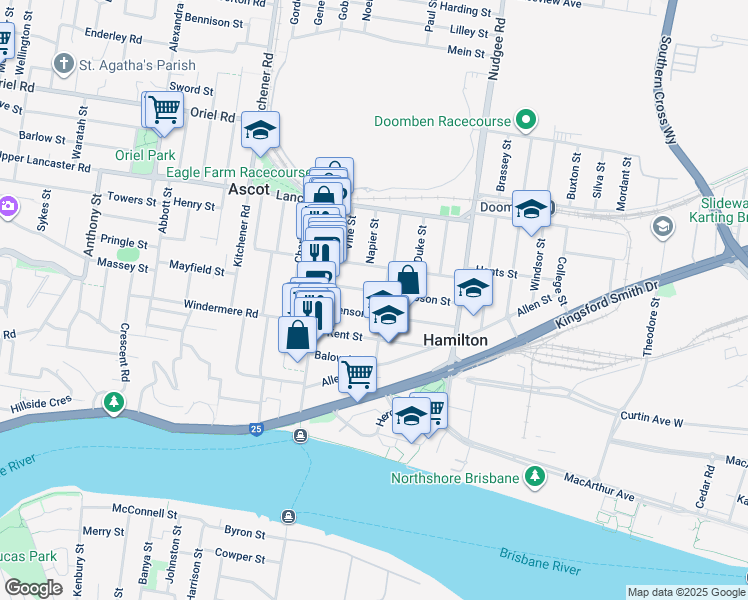 map of restaurants, bars, coffee shops, grocery stores, and more near 43 Dobson Street in Ascot