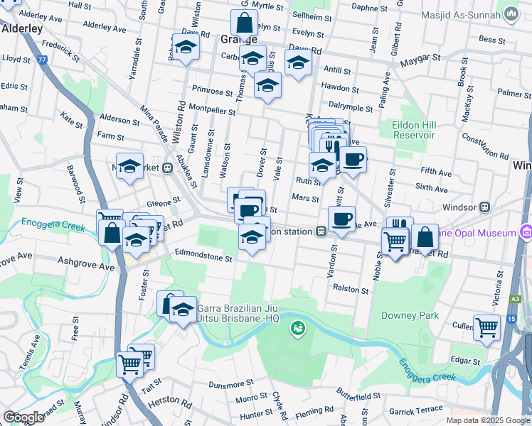 map of restaurants, bars, coffee shops, grocery stores, and more near 62 Abuklea Street in Wilston