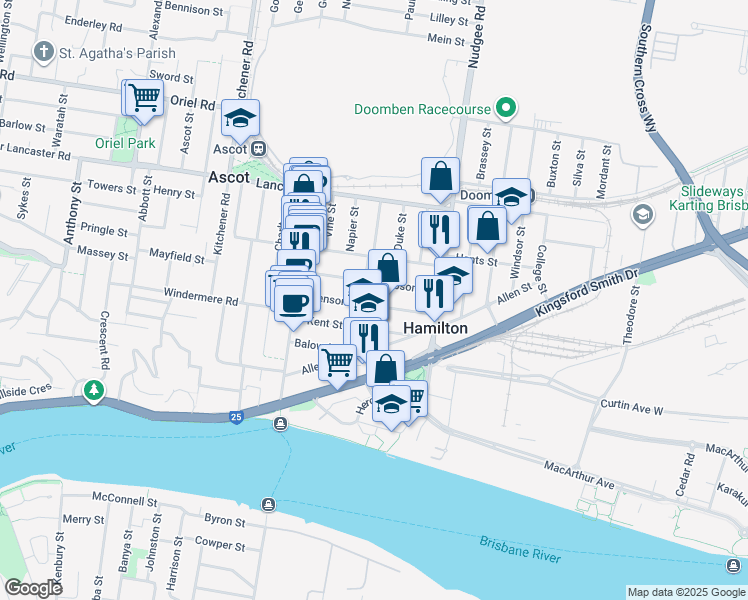 map of restaurants, bars, coffee shops, grocery stores, and more near 56 Stevenson Street in Ascot