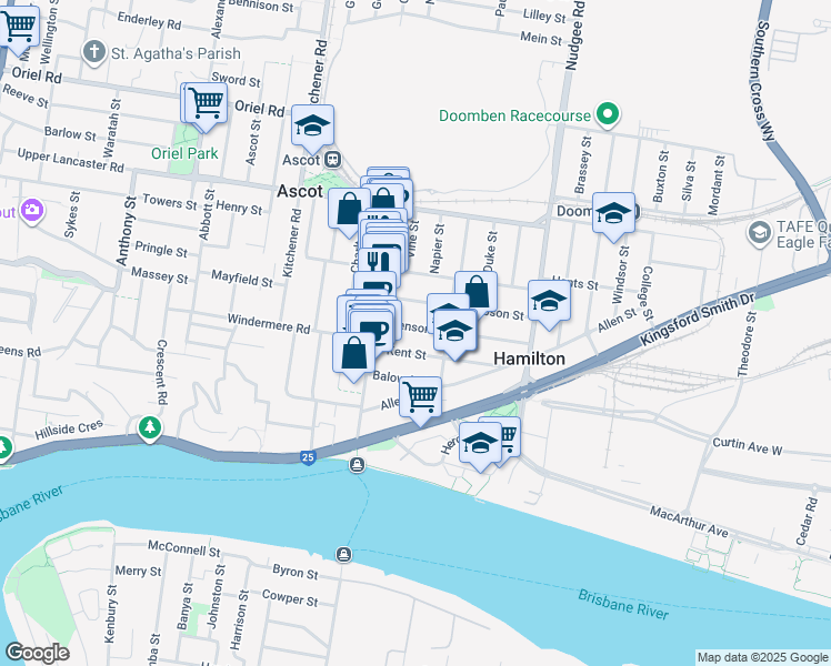 map of restaurants, bars, coffee shops, grocery stores, and more near 25 Stevenson Street in Ascot