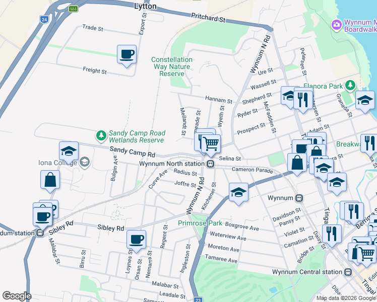 map of restaurants, bars, coffee shops, grocery stores, and more near 21 Sandy Camp Road in Wynnum