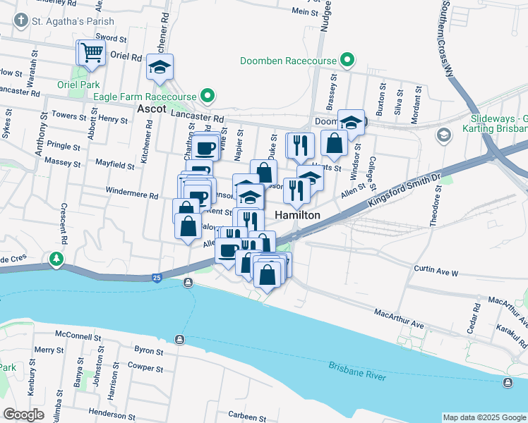 map of restaurants, bars, coffee shops, grocery stores, and more near 72 Kent Street in Hamilton