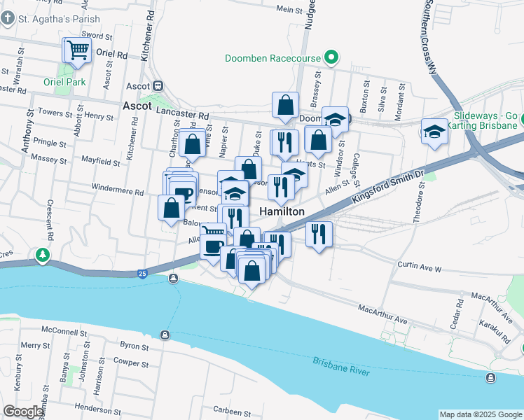 map of restaurants, bars, coffee shops, grocery stores, and more near 84 Kent Street in Hamilton