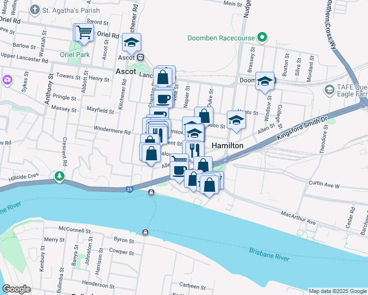 map of restaurants, bars, coffee shops, grocery stores, and more near 47 Kent Street in Hamilton