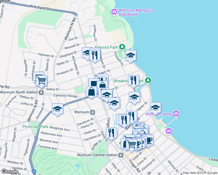 map of restaurants, bars, coffee shops, grocery stores, and more near 81 Glenora Street in Wynnum