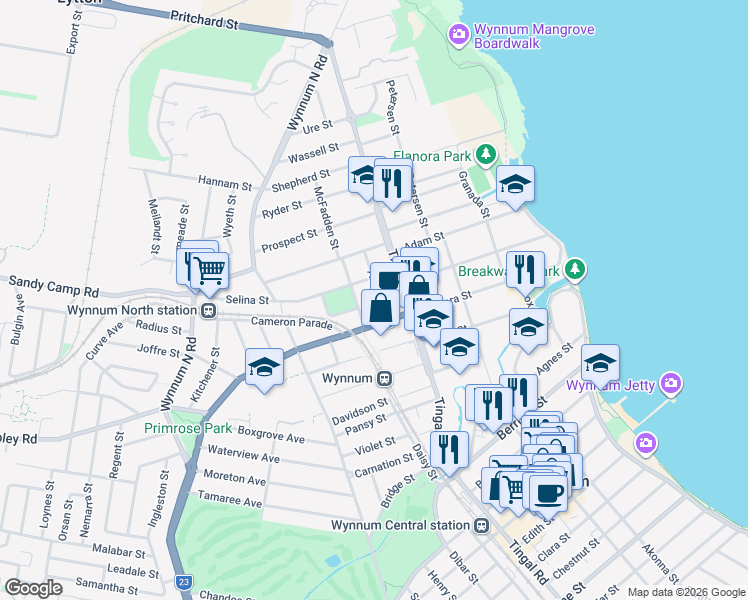 map of restaurants, bars, coffee shops, grocery stores, and more near 18 Allen Street in Wynnum
