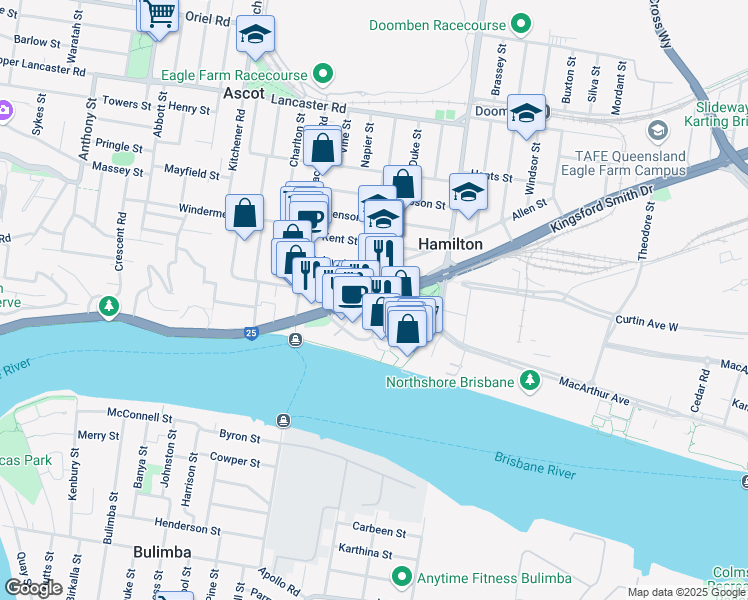 map of restaurants, bars, coffee shops, grocery stores, and more near 517 Kingsford Smith Drive in Hamilton