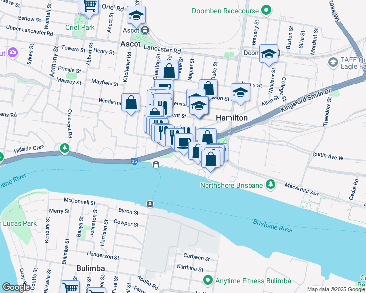 map of restaurants, bars, coffee shops, grocery stores, and more near 517 Kingsford Smith Drive in Hamilton