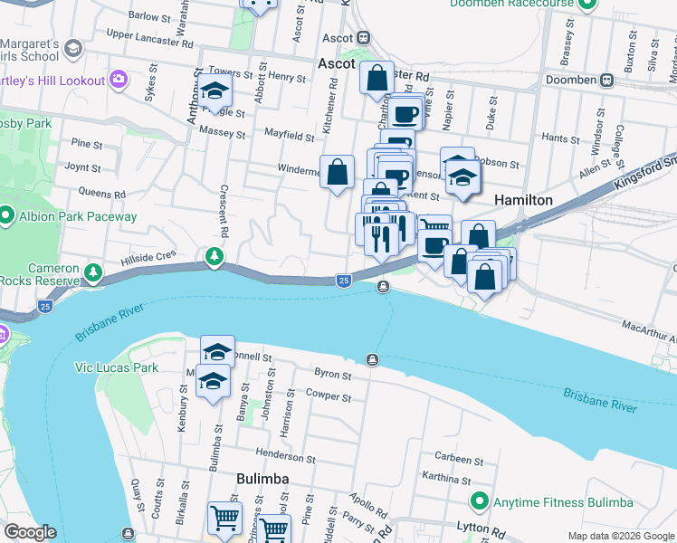 map of restaurants, bars, coffee shops, grocery stores, and more near 400 Kingsford Smith Drive in Hamilton