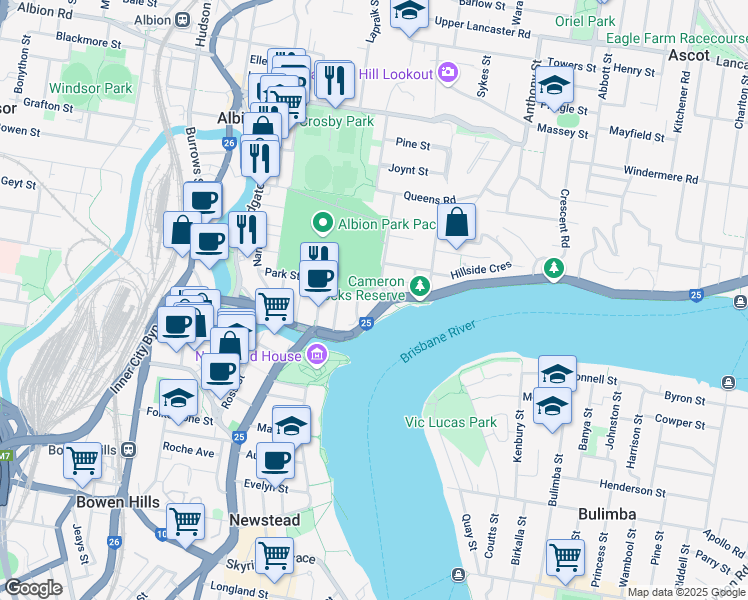 map of restaurants, bars, coffee shops, grocery stores, and more near 110 Kingsford Smith Drive in Hamilton