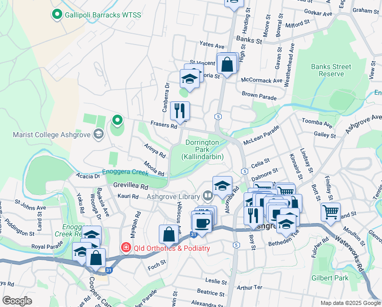 map of restaurants, bars, coffee shops, grocery stores, and more near 5 Mirrabooka Road in Ashgrove