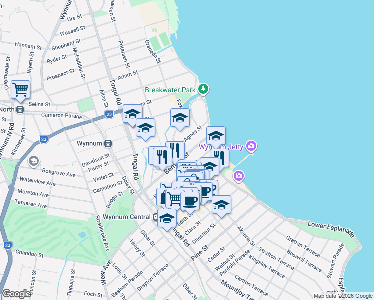 map of restaurants, bars, coffee shops, grocery stores, and more near 37 Berrima Street in Wynnum