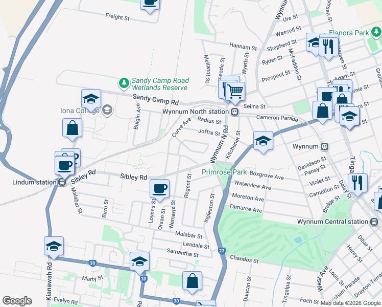 map of restaurants, bars, coffee shops, grocery stores, and more near 9 Banoon Drive in Wynnum