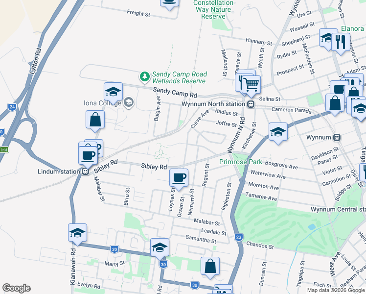 map of restaurants, bars, coffee shops, grocery stores, and more near 5 Grainger Street in Wynnum